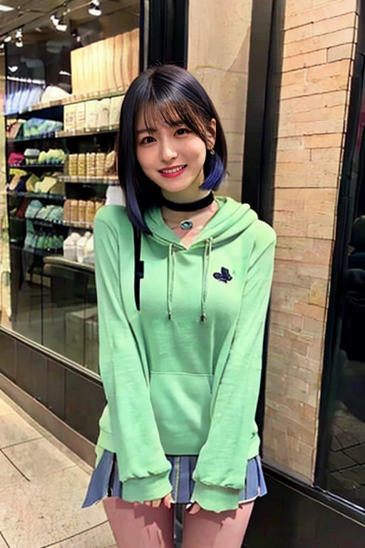 Stand up straight、(highest quality, High resolution, Tabletop:1.2), Very detailed, Realistic:1.37, Sky blue hair, Bob Hair, Sleepy eyes, Beautiful fine details, Beautiful lip detail, smile, choker, woman、She has very big and beautiful breasts、Turn around、Show your face from between your legs、Big green hoodie、mini skirt、Knee-high socks、Show me your ass!、rear!、Pull your pants down halfway、Please give me the juice!めっちゃsmile