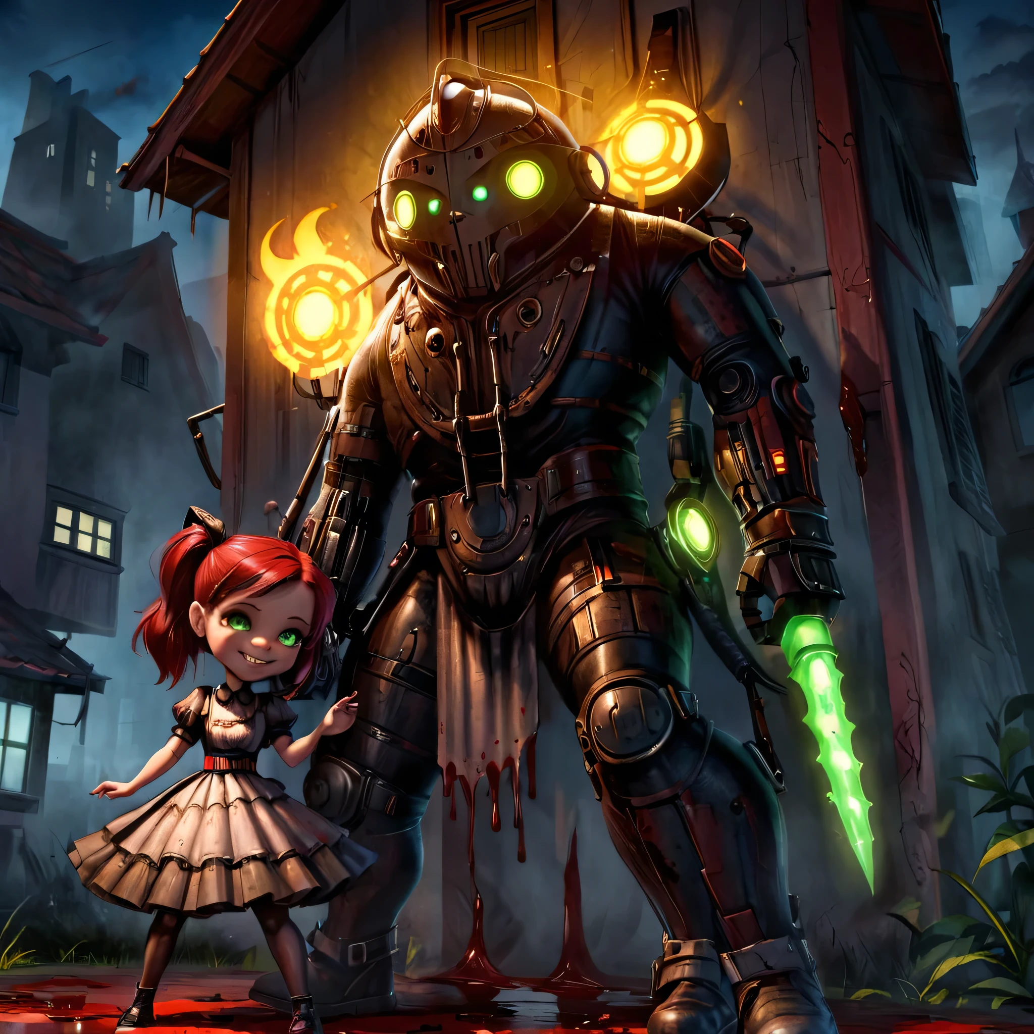 Little sister and big daddy,masterpice, bioshockstyle, 8k, ultra detailed, soft lighting, pmmkr2024, cartoon, creature, best quality, trending on artstation,1little sister smile,1big daddy,1big sister,nice art,perfect art,nice detailed art,nice detailed body,nice detailed face,nice detailed hands,highres, an image of a beautiful cyberpunk, fairy goth robot, green eyes, red wine hair best quality, 8k, best quality, ultra-detailed,1girl, , 6 years old,lilsis, dirty, blood, blood muddy dress, black hair, dress, horror \(theme\), solo, glowing eyes, creepycute, (house:1.4)