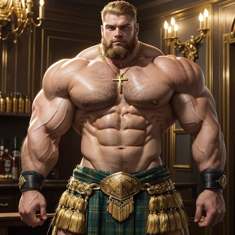 an Absolutly monstrous beast of a Scottish bodybuilder. Huge huge shoulders and a very narrow waist, he is as broad as he is tall. 20 years old. Blond, curly hair, very short beard, powerfully muscled, massive shoulders and biceps. well-defined six pack. Exceptionally thick gold cross necklace. Highlands scene. Kilt