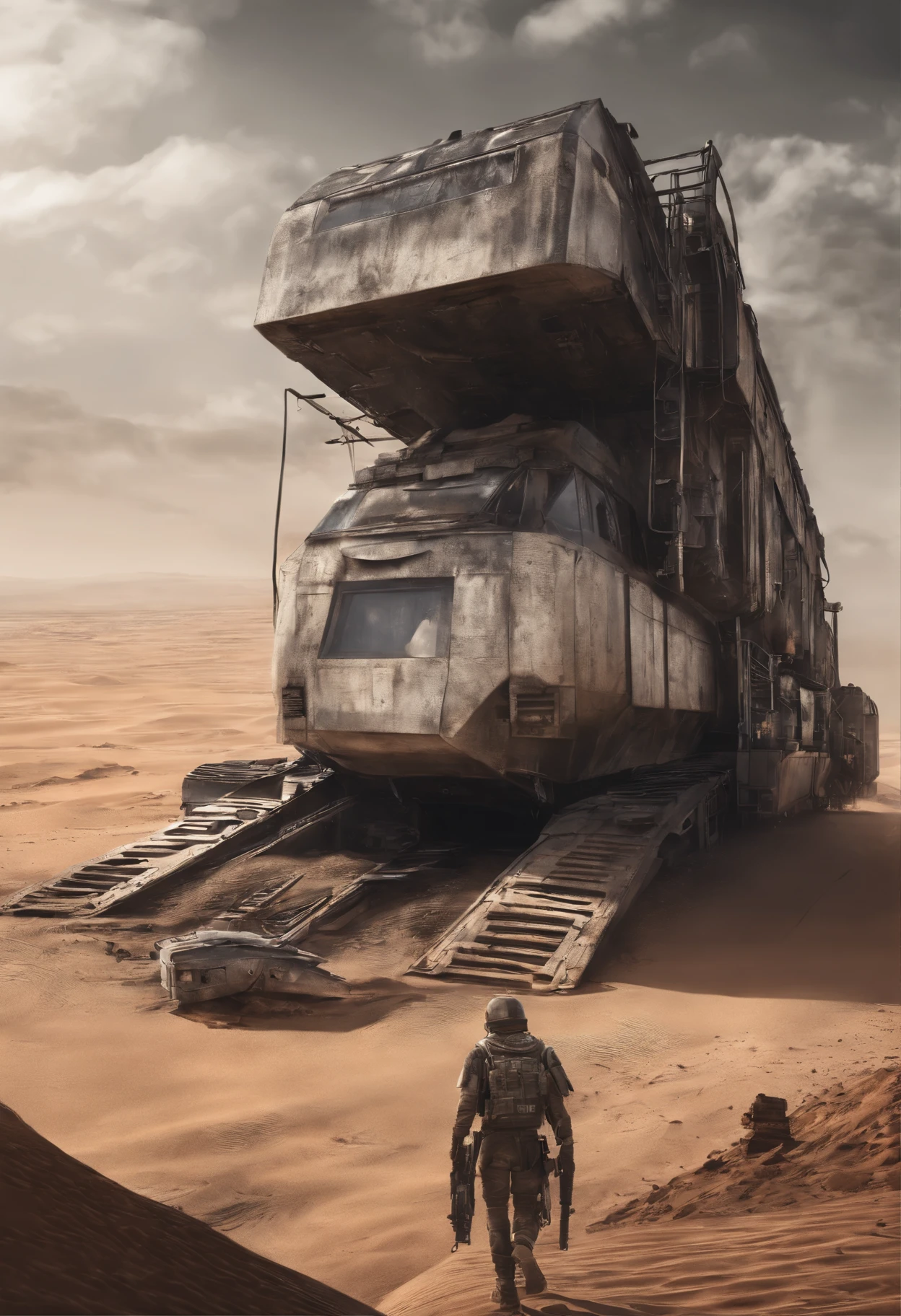 imagem diagonal de um trem ultra futurista de dois andares e de metal industrial atravessando o deserto do sahara