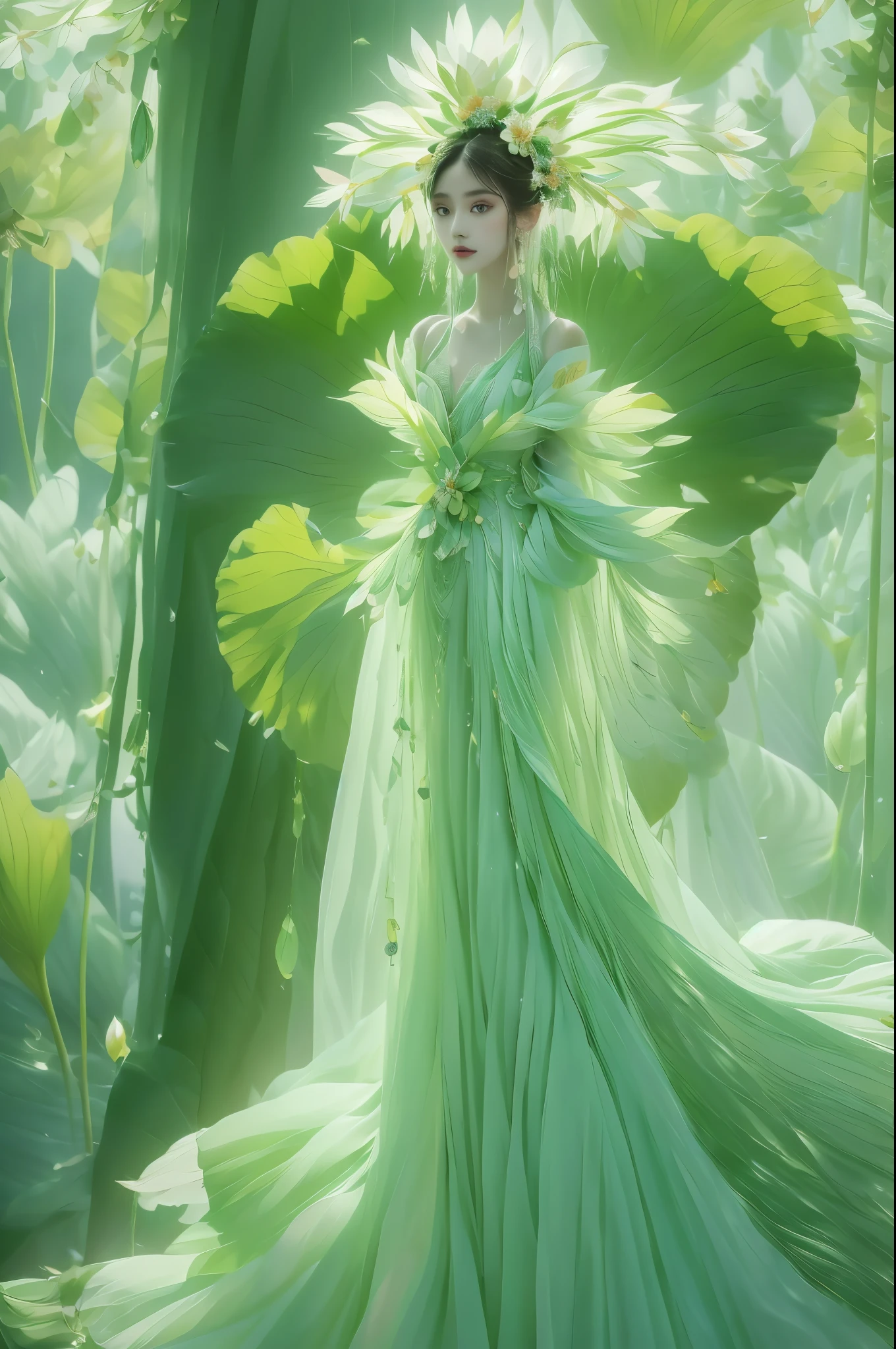 An enchanting humanoid-style plant creature in full bloom, standing upright. It has an overall green body color, with a flower-like structures sprouting around its head. The head is adorned with leaf-like extensions fashioned like a headband. It flaunts a skirt-like structure at its lower half resembling petals of a flower, the array of colors ranges from light green to dark green. Its arms, delicate and slim, end in leafy shapes instead of hands. It also exhibits a pair of oval shaped deep red eyes full of expression adding to its captivating aura.