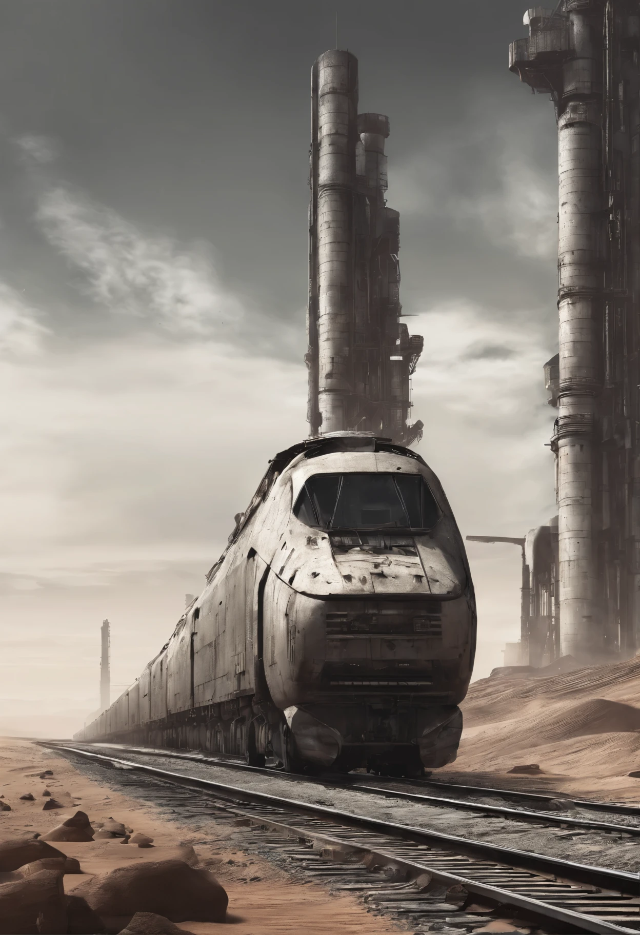 imagem diagonal de um trem ultra futurista de dois andares e de metal industrial atravessando o deserto do sahara