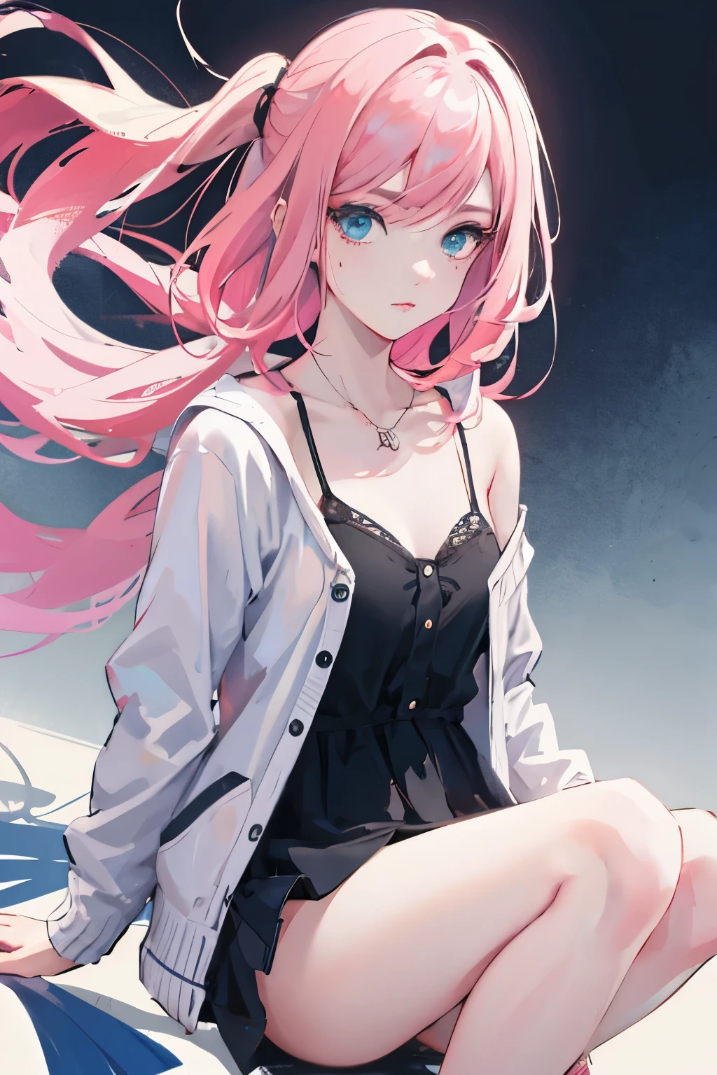 girl with long black and light pink ombre hair, blue eyes, she is wearing a black spaghetti strap style dress and a light pink cardigan, wearing a black high-top converse, aesthetically pleasing 2D focus anime with a touch of realistic vibes, Touches of sage green, plain background, Fortnite survey skin art style, Valorant Art Style, Mitsuri kanroji theme