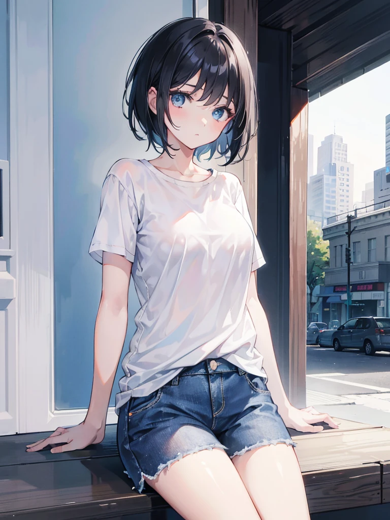 1girl, short black hair, blue eyes, wearing plain white shirt, denim shorts, city,
absurdres, high res, ultrasharp, 8K, masterpiece, looking at viewer