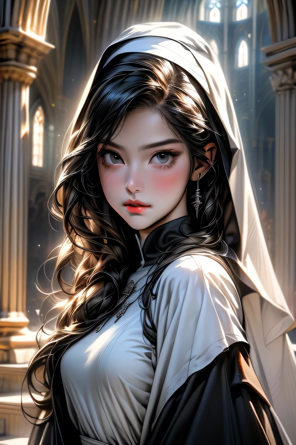 (((masterpiece, 最high quality, High resolution, Attention to detail)))), Teenage Girl, Black Hair, Wide forehead, White skin, cold black eyes, Large Breasts, Obvious pointed nipples, Tight fitting nun outfit, Unholy Rosary, Cute dark details, In front of the ruined altar of the church, Dynamic Vision, HD12K quality､masterpiece, 最high quality, high quality, High resolution, ((Upper body portrait))