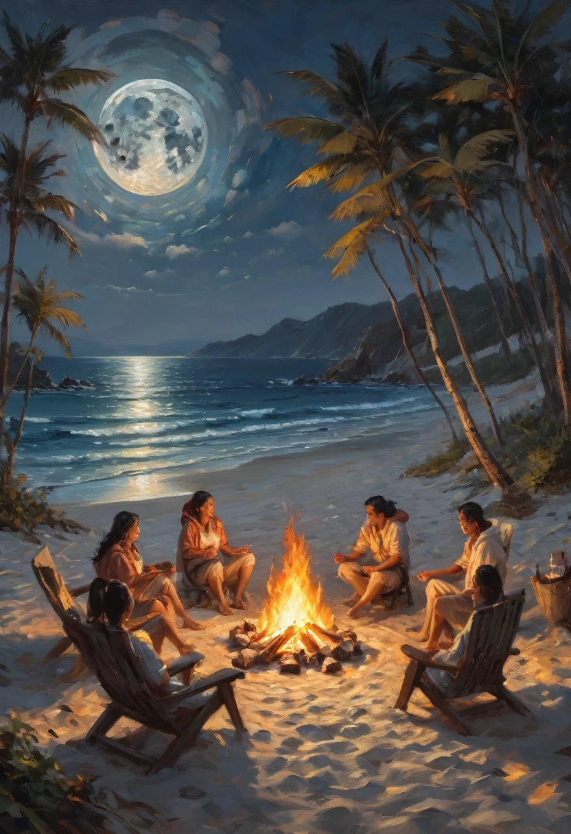 Beach, Dance around the campfire, moon, highest quality, masterpiece, Representative works, Official Art, Professional, Super intricate details, 8k