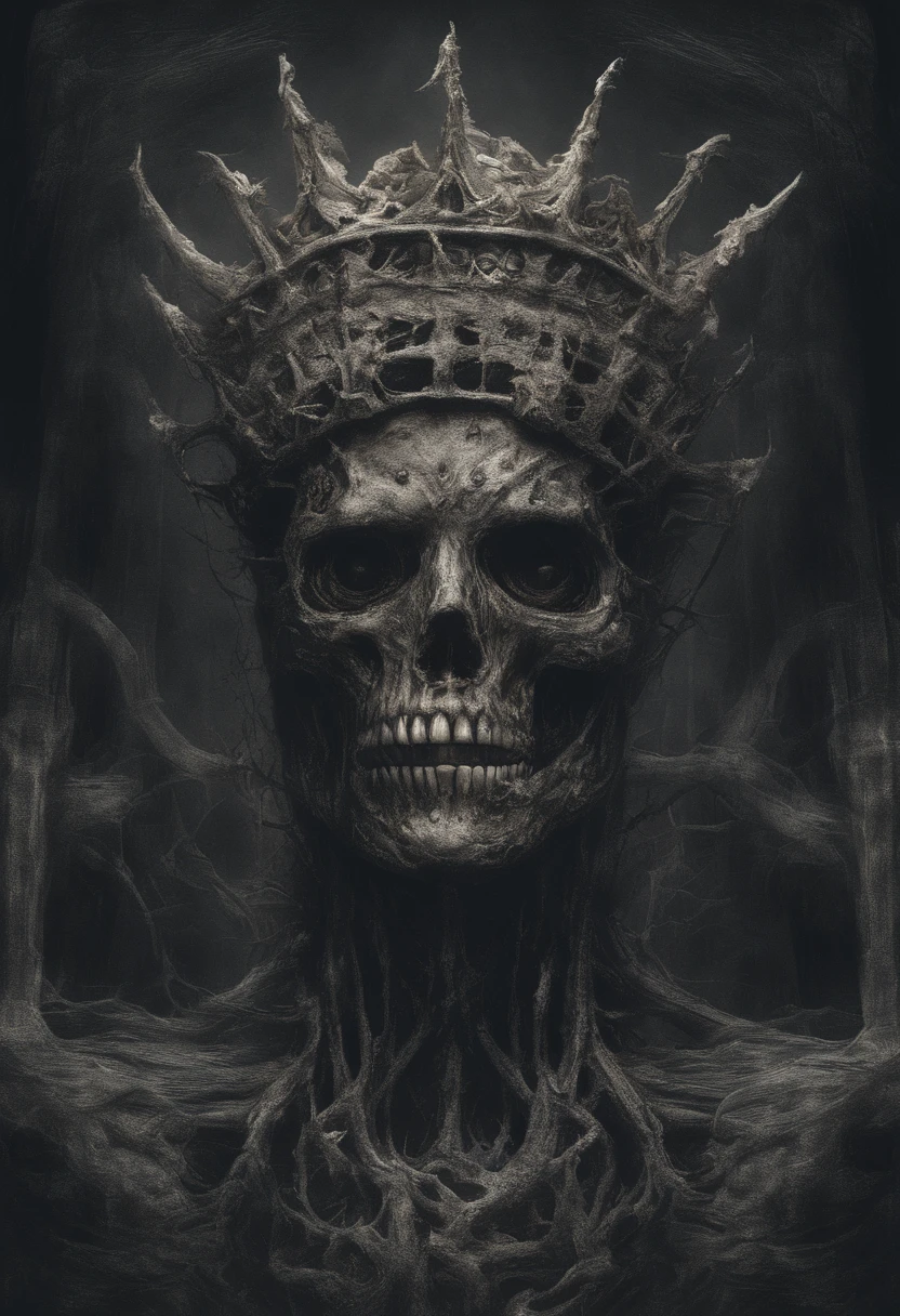 Monstro, corpo de ossos, crown on top of head made of bones, horror