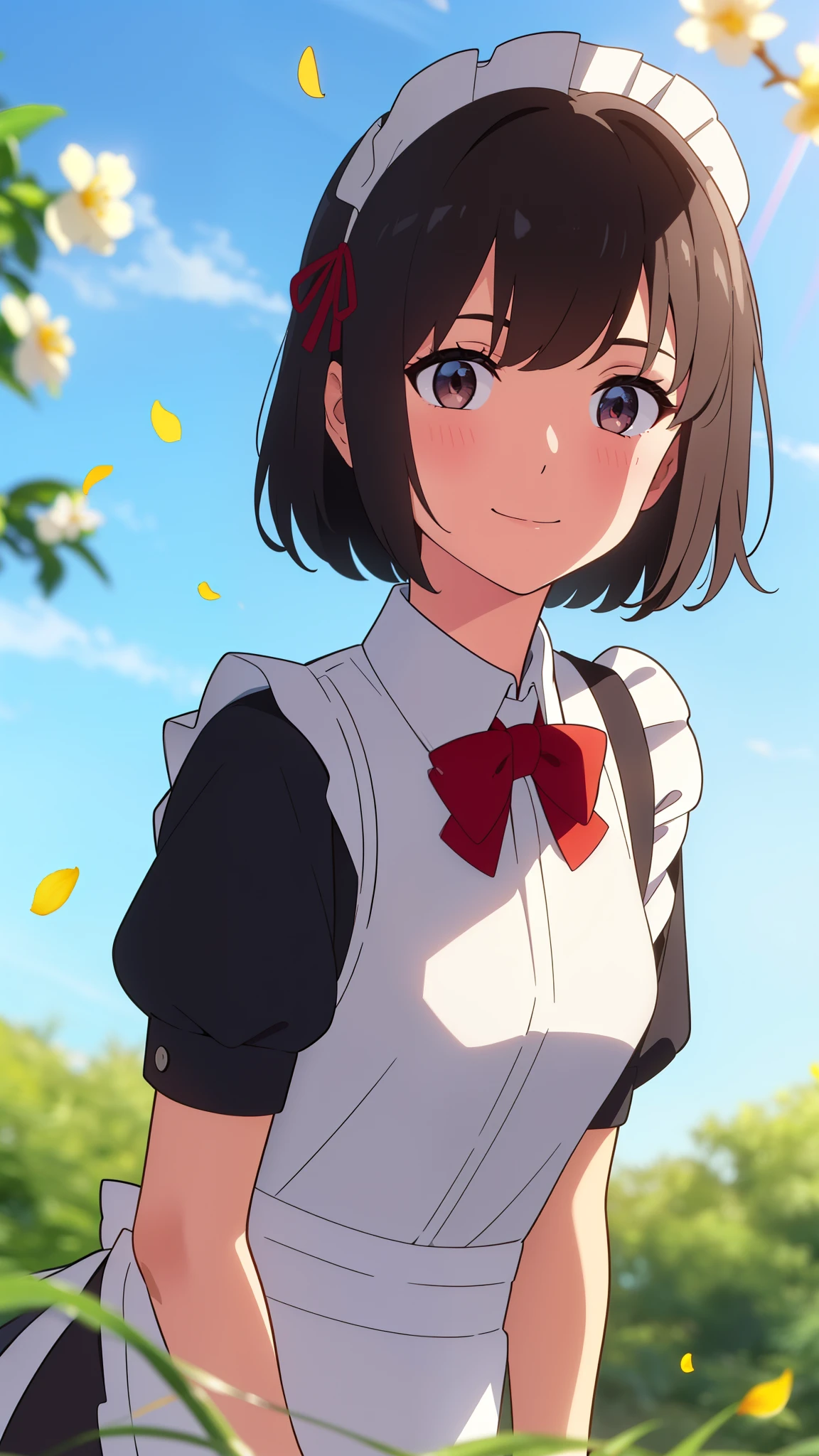 shinkai makoto, kimi no na wa., 1girl, bangs, black hair, short hair, blush, brown eyes, looking at the viewer, ((girl wear maid dress, short sleeves, short dress, short skirt, maid headdress)), Off-the-shoulders, red bow, red ribbon, smile, cute, happy, school, outdoors, sky, cloud, falling_petals, petals, branch, pink_flower, blue_sky, sunlight, spring_season, upper-body portrait
