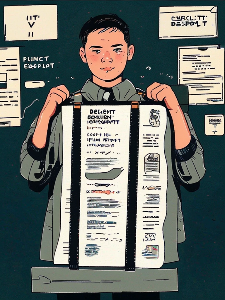 Confidential subject matter,A boy holding confidential documents,Confidential documents are prominently displayed,Gesture of refusal to disclose secrets