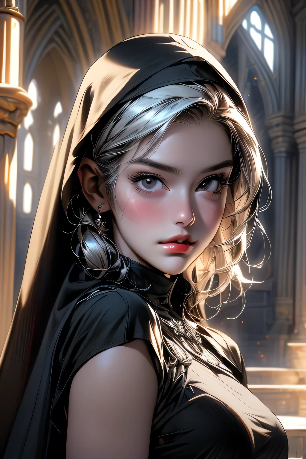 (((masterpiece, 最high quality, High resolution, Attention to detail)))), age Girl, Black Hair, Wide forehead, White skin, cold black eyes, Large Breasts, Obvious pointed nipples, Tight fitting nun outfit, Unholy Rosary, Cute dark details, In front of the ruined altar of the church, Dynamic Vision, HD12K quality、masterpiece, 最high quality, high quality, High resolution,((Face close-up))