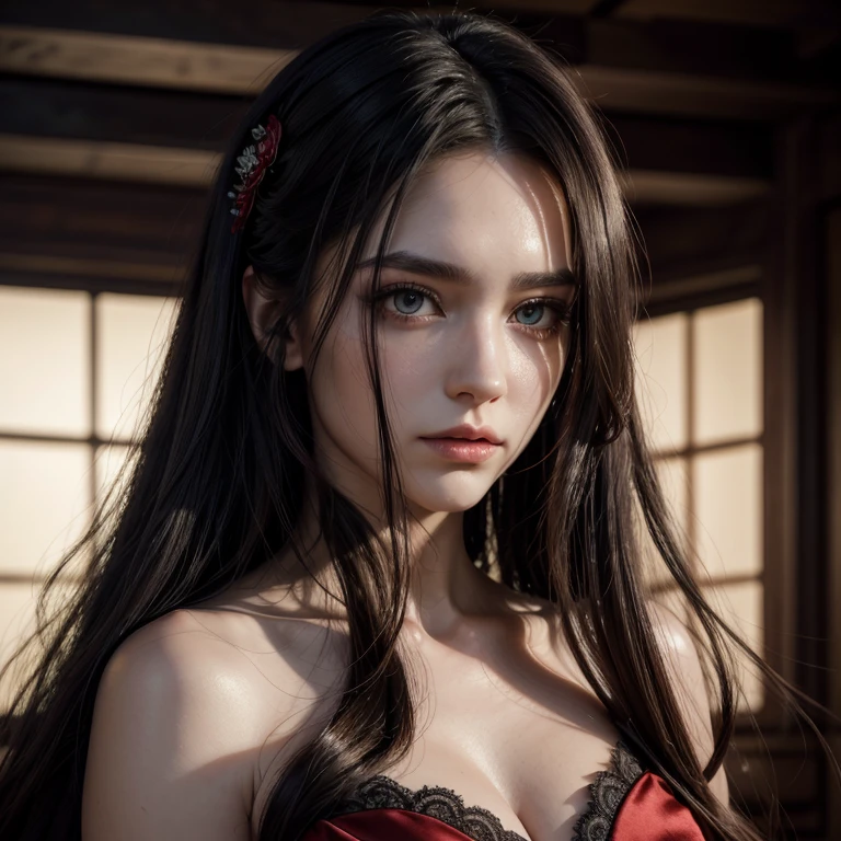 Red-black huge longest hair , Yellow eyes , high face quality,red wedding dress wearing woman,Photorealism v8, high quality,8k, detail, cinematic lighting