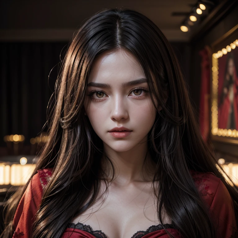 Red-black huge longest hair , Yellow eyes , high face quality,red wedding dress wearing woman,Photorealism v8, high quality,8k, detail, cinematic lighting