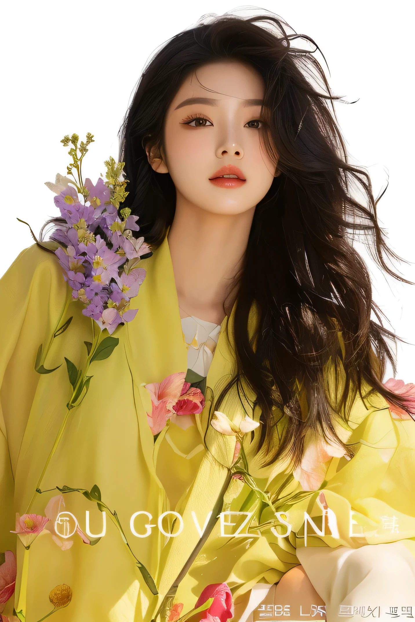 Aravud women，Long hair，Wearing flowers on the head, There are flowers, flowers in her black hair, gongbi, Comme des Garcon Events, cover girl, 2 d cg, female portrait There are flowers, Cui Xianhua, jinyoung shin, Flower Goddess, The album cover, Yoon Se-sun, Used cloth, Surrounded by frozen flowers。Chinese Beauty，Good temperament，Ultra-clear，8K