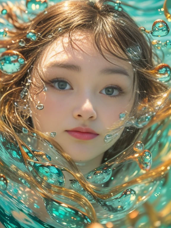 Realistic high definition realistic photo photo natural light beautiful girl、Clear skin, (Clear focus、high-definition picture、realphoto、natural soft light、Real Art)、One girl、((Best Beautiful Girl、Refreshing look、Elaborate face、eyes large、double eyelid、Pleasant look、waterface))、vague、white clouds、Sunset、blue open sky、Micro Bikini Swimsuit、Tangier、water bubbles、Fine Form、Expressing the flow of water、brilliance、Beautiful water surface、Swim underwater、emerald green、(Beautiful images、Girl swimming in water、Blue shiny swimsuit、Flowing bubbles、The sparkling surface of the water seen from underwater、Orange at sunset)