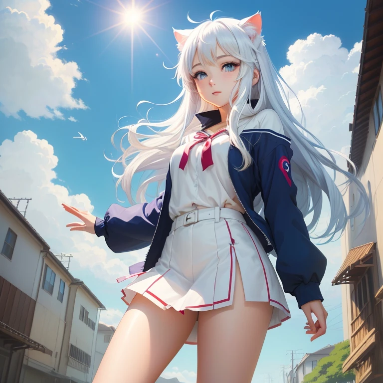 Anime girl with white hair and blue eyes flying in the sky, White cat lady, Gweitz, Very Beautiful Anime Cat Girl, artwork in the style of Gweitz, Gweitz on pixiv artstation, Gweitz on artstation pixiv, Beautiful anime cat girl, Trending on cgstation, anime wallpaper 4k, anime wallpaper 4k