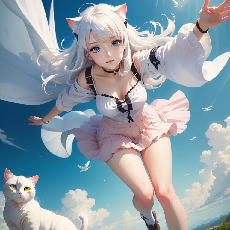 Anime girl with white hair and blue eyes flying in the sky, White cat lady, Gweitz, Very Beautiful Anime Cat Girl, artwork in the style of Gweitz, Gweitz on pixiv artstation, Gweitz on artstation pixiv, Beautiful anime cat girl, Trending on cgstation, anime wallpaper 4k, anime wallpaper 4k