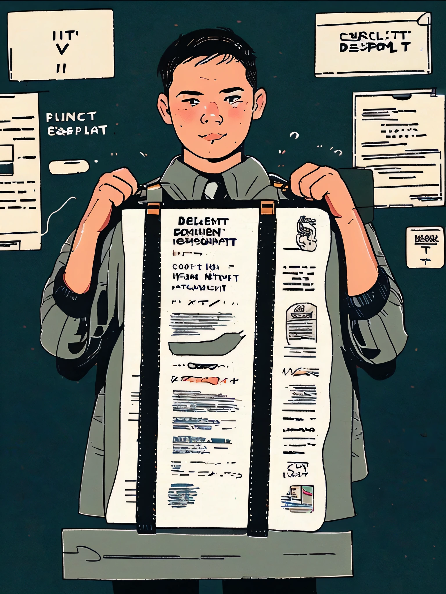 Confidential subject matter,A boy holding confidential documents,Confidential documents are prominently displayed,Gesture of refusal to disclose secrets