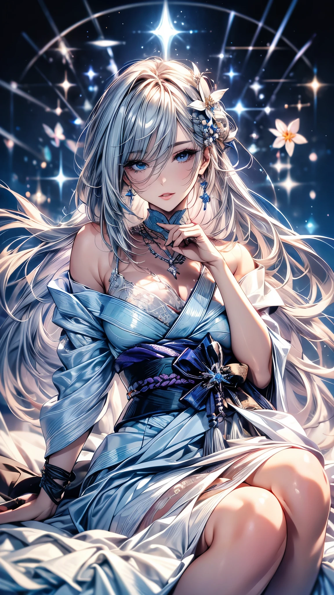 (Ultra-delicate), (Clear focus), (high resolution), Deformed depth of field blurred background, Detailed background, Perfect layer cutting, Atmospheric distance sense, (full-body shot), wallpaper, (((Silver hair gradient streaked light blue end))), Cute beauty face, ((focus on face)), Ultra-detailed facial texture, ((Clear light blue eyes)), thin eyebrows, long upper eyelashes, double eyelids, Upper Eye, High-fidelity eyes, (Super detailed eyes), Sexy and attractive lips, Richly detailed lips, White skin, delicate skin, Micro light, complicated, familiar, black magician, particle, constellation, Stardust, universe, ((flower)), comfortable peace, peaceful, Japan, Himiko, kimono, With crystal, Fortune Telling, time and space, artistic, 8K