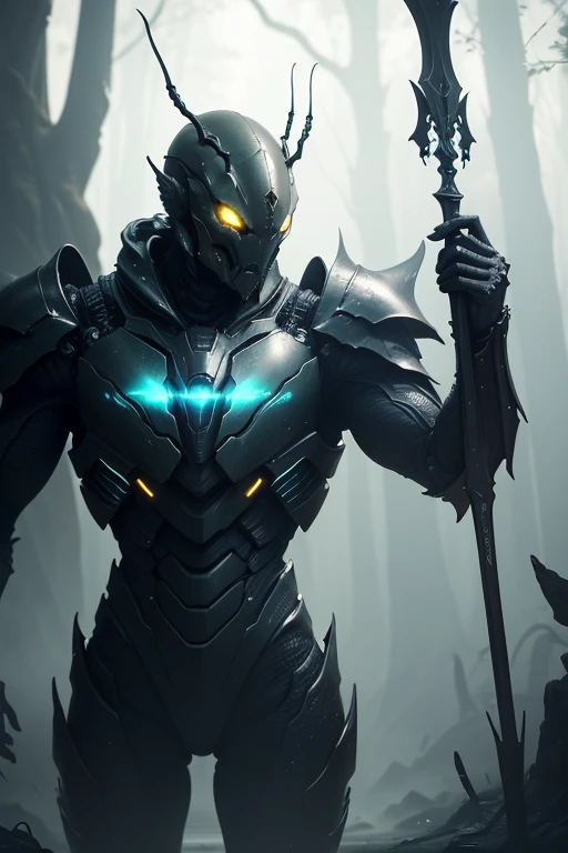 (best quality,4k,8k,highres,masterpiece:1.2),ultra-detailed,(realistic,photorealistic,photo-realistic:1.37),alien creature,green skin,insect-like face,compound eyes,sharp mandibles,fearful expression,long antenna,insect wings,exoskeleton armor,humanoid body,hollow bones,clawed hands,holding a sharp spear,dark and mysterious background,ominous lighting,eerie shadows,thick fog surrounding the creature,alien planet landscape,alien plants and trees,slimy texture on the skin,reflective metallic elements on the armor,otherworldly atmosphere,sci-fi concept art style,vibrant and saturated colors,ominous color palette.