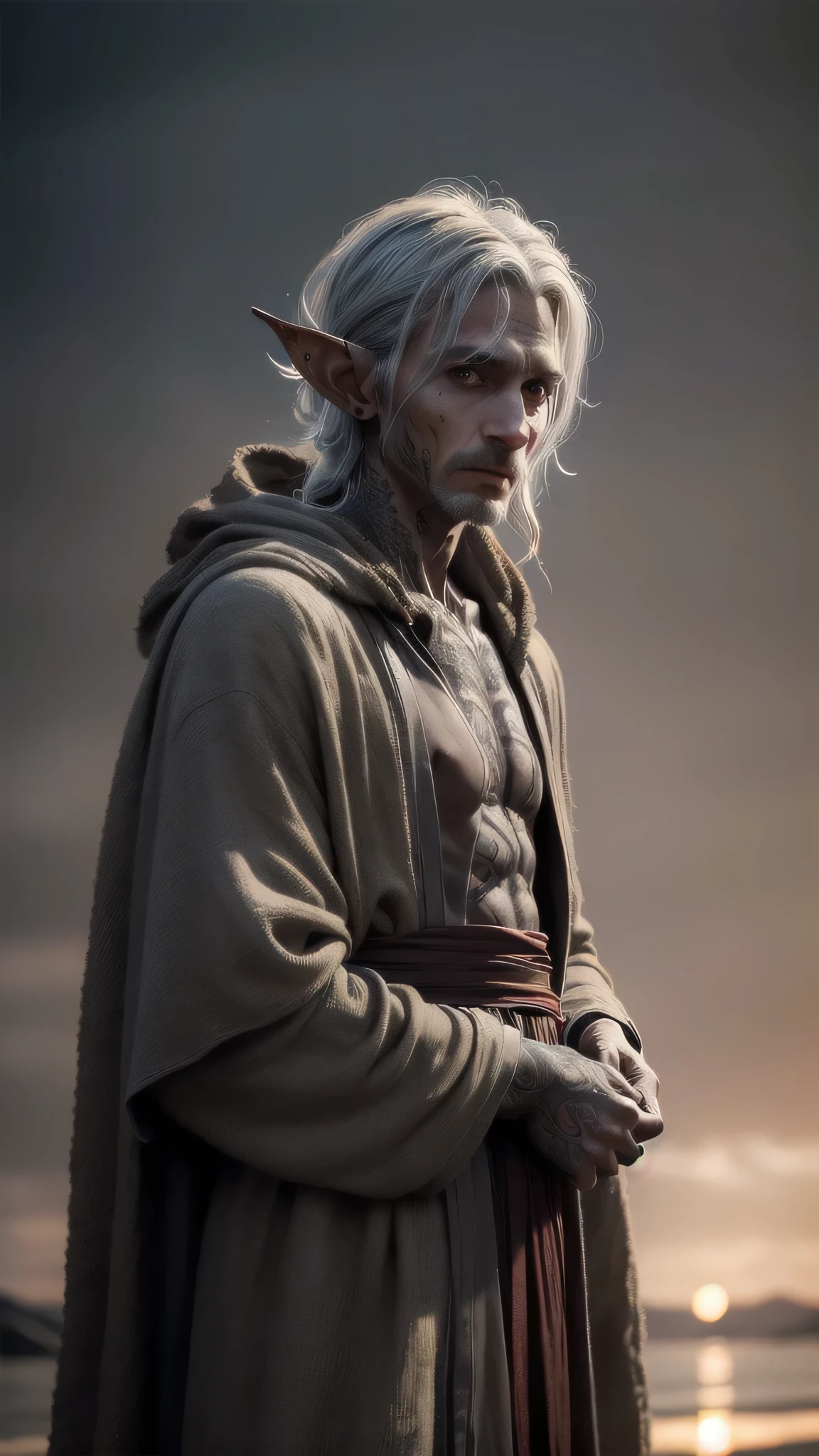 (masterpiece), (extremely intricate:1.3), (realistic), portrait gaunt male, (((starving 50 year old, weak graphite skinned drow elf, burlap robe [gray hair:green hair:0.9], feminine man face tattoos, red black tattoo:1.2, (((graphite skin)))))), outdoors, intense sunlight, ((far away burning destroyed apocalyptic medieval village, professional photograph, dynamic pose)), sharp focus, dramatic, award winning, cinematic lighting, sunset volumetrics dtx, (film grain, blurry background, bokeh, depth of field, interaction), 8K
