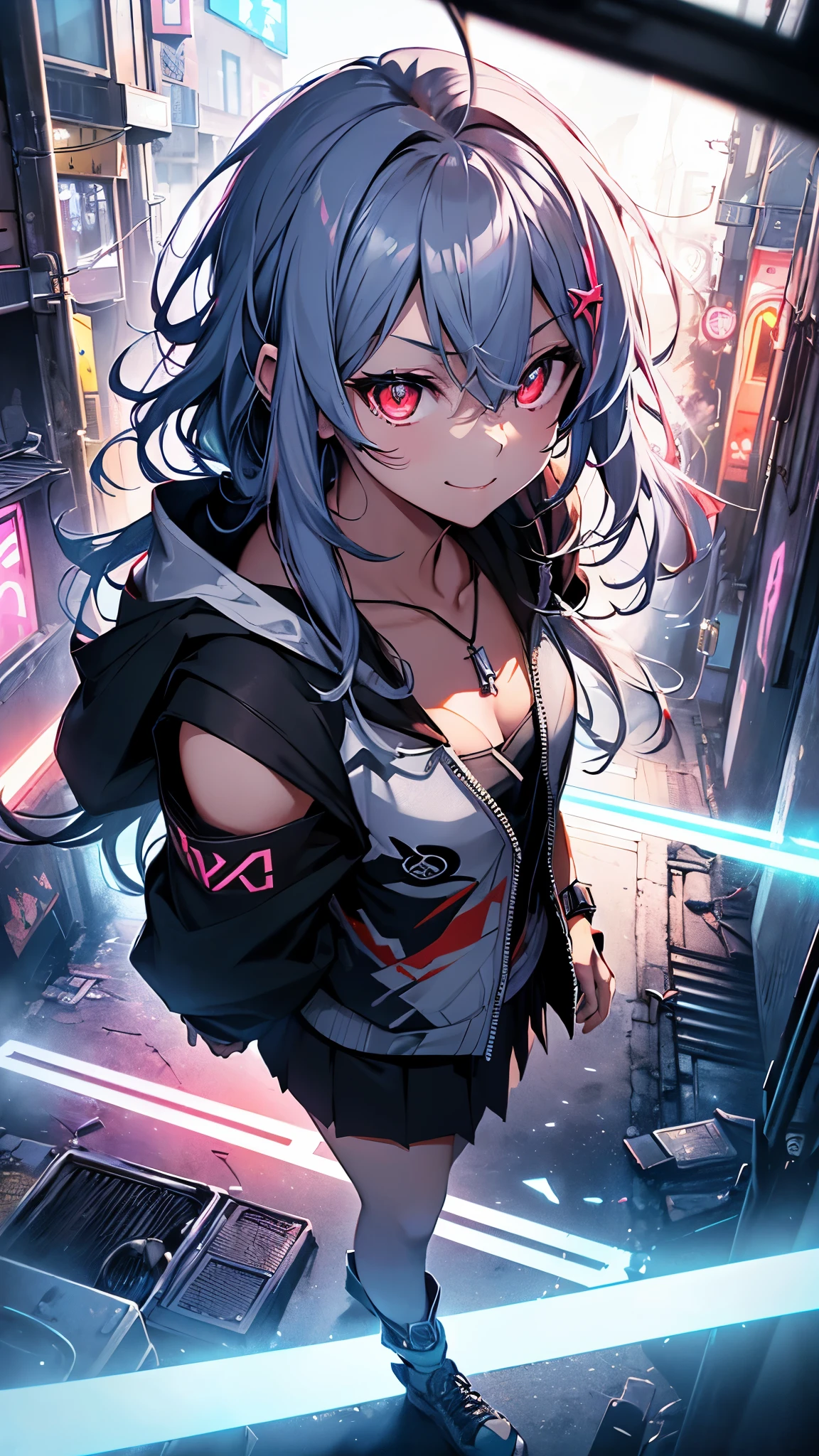 最high quality、Best image quality、masterpiece、girl((18-year-old、 By becoming、Best Bust、Medium Bust,Tea that opened my chest wide、Red glowing eyes,Silver Hair、Disheveled Hair、Long Hair、thin,Highest valley、Open chest、Illuminated Wristbands、smile、hair ornaments、Glowing necklace、Black sleeveless hoodie(1:2)、Blue short skirt、Angle from directly above、Disheveled clothing、Show your whole body,Low Angle)),high quality、Beautiful art、background((Neon Town、Neon Light))、Flight、flying debris、Written boundary depth、movie、Visual Arts、Perfect art、8k,Genuine、