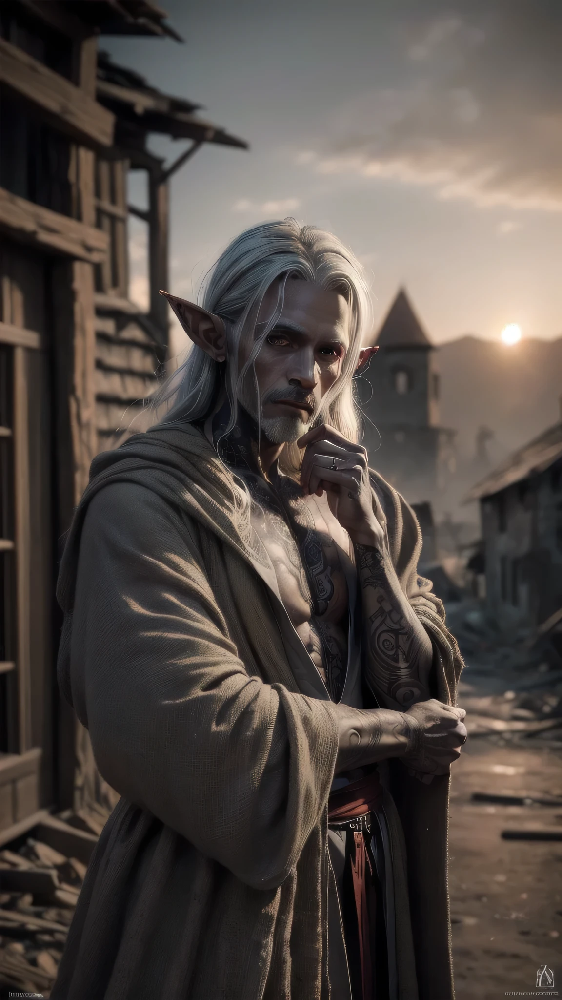 (masterpiece), (extremely intricate:1.3), (realistic), portrait gaunt male, (((starving 50 year old, weak graphite skinned drow elf, burlap robe [gray hair:green hair:0.9], feminine man face tattoos, red black tattoo:1.2, (((graphite skin)))))), outdoors, intense sunlight, ((far away burning destroyed apocalyptic medieval village, professional photograph, dynamic pose)), sharp focus, dramatic, award winning, cinematic lighting, sunset volumetrics dtx, (film grain, blurry background, bokeh, depth of field, interaction), 8K
