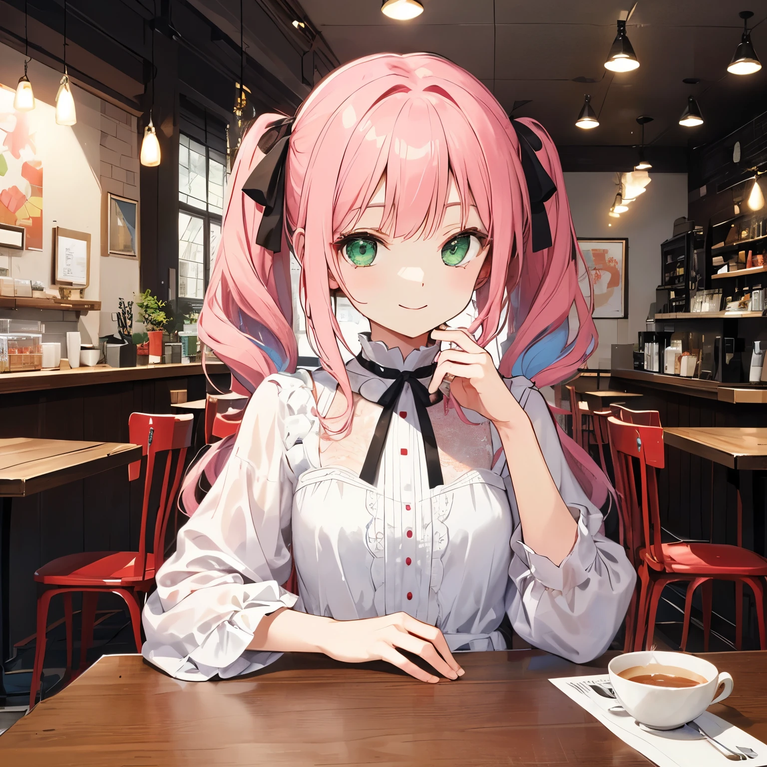 With a girl,Jewel Eyes,Beautiful arrangements and motifs、Slight、Game character design、Written boundary depth , wonderful, beauty、Transparency、Game character design、(One Girl:1.0)、Pink Hair、Twin tails、Straight Hair、cute、Upper Body、Green Eyes、Inside the cafe、Cafe Background、Sit on a chair、Mass-produced fashion，White and pink attire、front、smile、Black Ribbon