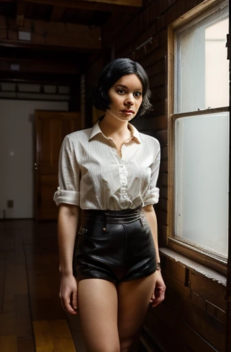 a young woman, 27 yo, short black hair, symmetrical face, in an artist loft, 1890