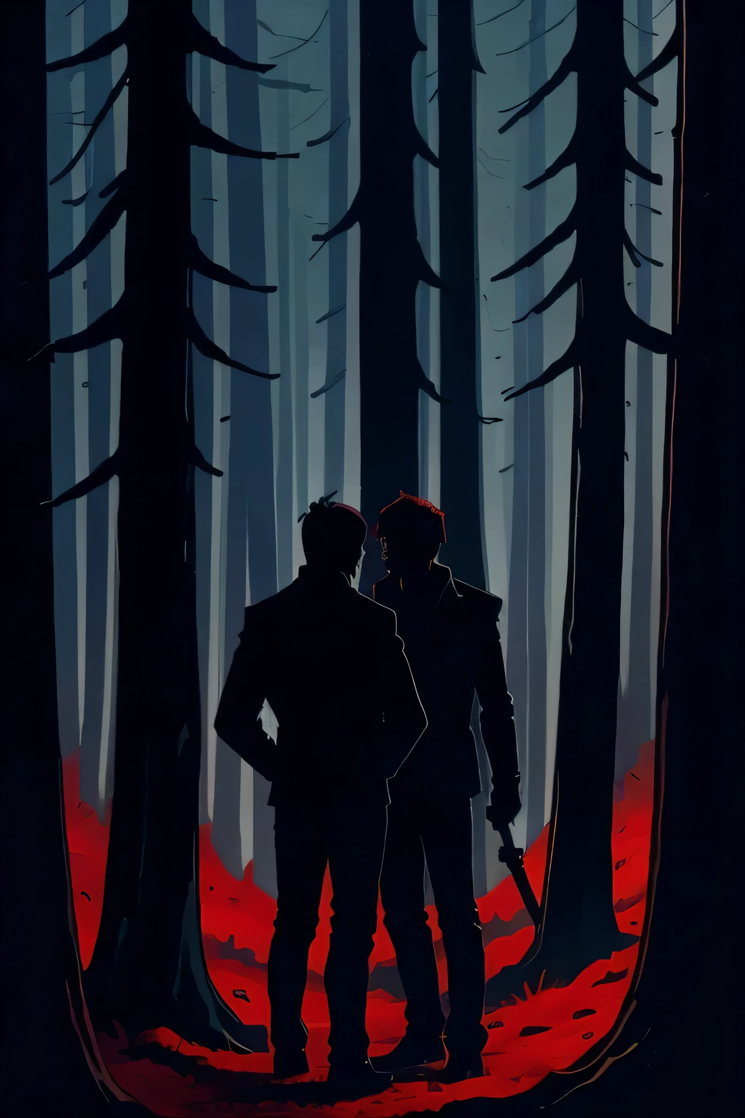 dark forest around, two men in the center representing gay romance, only their silhouette in black, dark atmosphere, small details in red, best quality, 8k, professional art, cartoon, contemporary book cover art, crafted hands, unique sword, smooth, smooth drawing, high resolution 