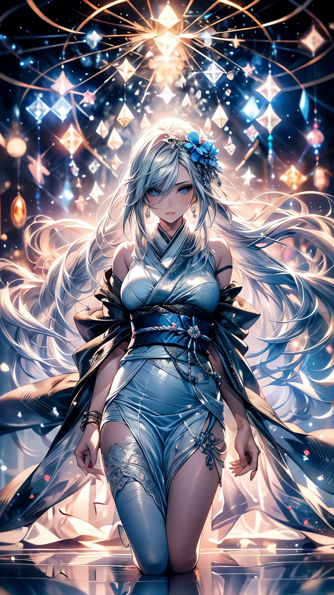 (Ultra-delicate), (Clear focus), (high resolution), Deformed depth of field blurred background, Detailed background, Perfect layer cutting, Atmospheric distance sense, (((full-body shot))), wallpaper, (((Silver hair gradient streaked light blue end))), Cute beauty face, ((focus on face)), Ultra-detailed facial texture, ((Clear light blue eyes)), thin eyebrows, long upper eyelashes, double eyelids, Upper Eye, High-fidelity eyes, (Super detailed eyes), Sexy and attractive lips, Richly detailed lips, White skin, delicate skin, Micro light, complicated, familiar, black magician, particle, constellation, Stardust, universe, ((flower)), comfortable peace, peaceful, Japan, Himiko, kimono, With crystal, Fortune Telling, time and space, artistic, 8K