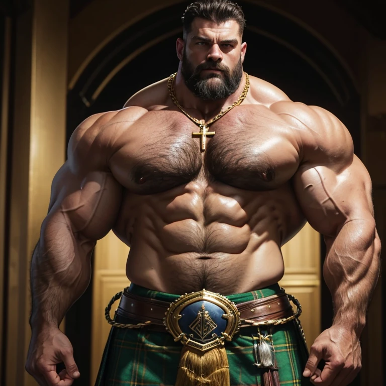 an Absolutly monstrous beast of a Scottish bodybuilder. Huge huge shoulders and a very narrow waist, he is as broad as he is tall. 45 years old. Black, very tightly curled hair, very short beard, powerfully muscled, massive shoulders and biceps. well-defined six pack. Exceptionally thick gold cross necklace. Highlands scene. Kilt 