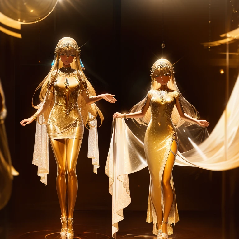 Girls in gold, almost transparent dresses, guru－Pselphy－, Full Body Shot