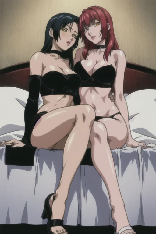 masterpiece, best quality, highres, 2 girls, hirokotakashiro,  micro ruffle skirt, black off shoulder crop top , bedroom, full body shot, (smug:0.3), looking at viewer, focus solo, sexy pose, crossing legs, mature, flip flops, detailed feet, busty, cleavage, redhead, seductive, dangling shoes, red eyeshadow, glossy lips, black choker, long hair, sitting on bed, complete body, seducing, yellow eyes, seducing each other,  kissing, nasty,