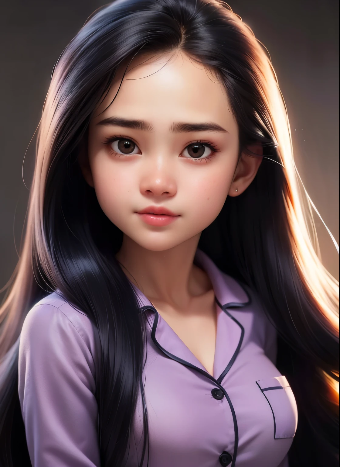 (very cute girl) , like mira filzah face, (raw photo:1.2), (()), (photorealistic:1.4), russia mix korea hyper white skin, realistic skin texture, pale skin, very detailed eyes and face, beautiful detailed eyes, turkish nose, super detailed, high resolution, very detailed, masterpiece,unified, 48k wallpaper, amazing, Fine details, masterpiece, best quality, ((Tight F cup breasts size)), straight long hair, (extra long hair : 1.5), dark brown hair, elegant hair style, light on face, cinematic lighting, 1girl, perfect body, slim abs, skinny, ((1 malay girl , beautiful face)), hyper realistic bright lighting, realistic shadow, ((wearing a twisted pajamas, purple color pajamas)), ((perfectly composition)), dynamic poses, dynamic shot angle, (All grey background)