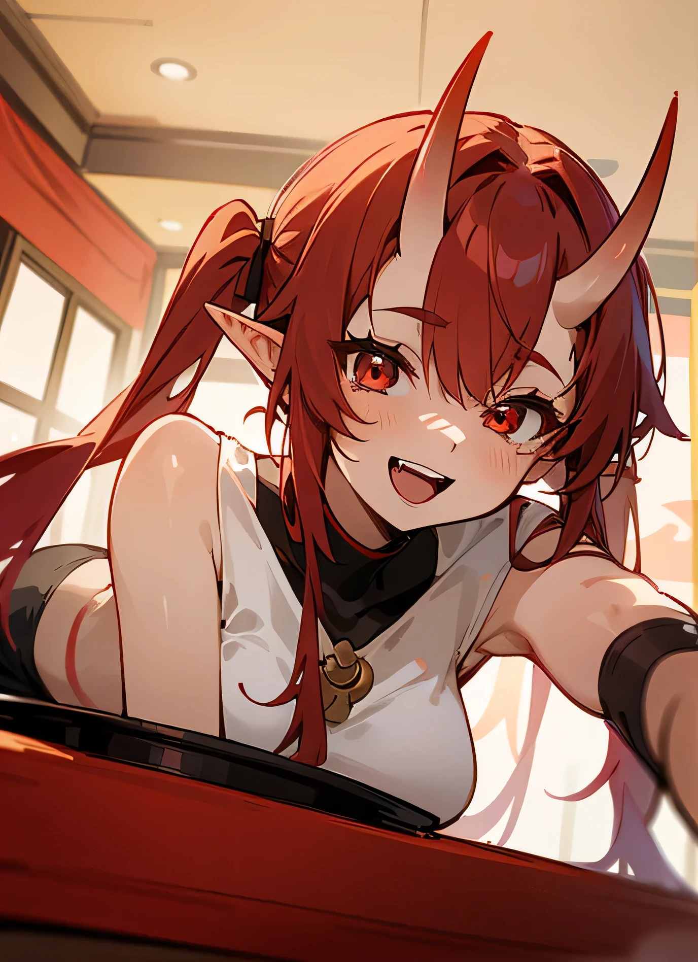 1oni woman,mature female,solo,happy expression,meduum breasts,red hair,long twintail hair,elves ears,oni horns,red eyes,smile,open mouth,red cropped top, cropped top, in your room, Bringing his face closer to the camera, red eyes, interesting perspective, golden proportion, aurea proportion