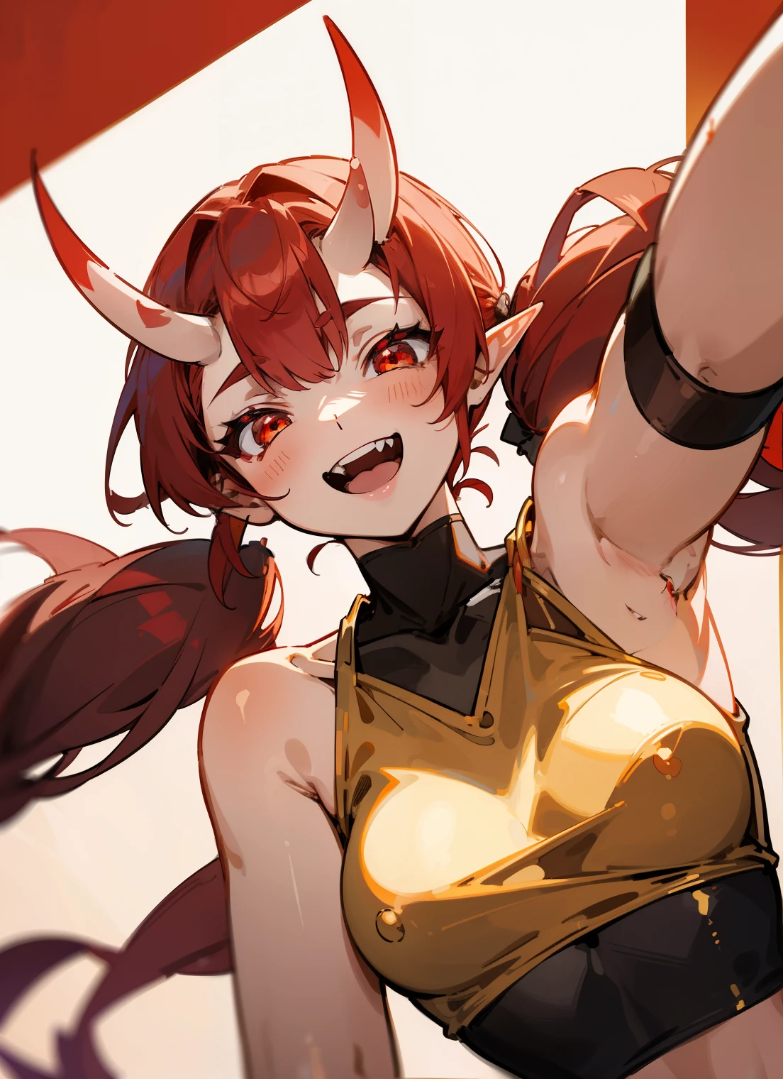 1oni woman,mature female,solo,happy expression,meduum breasts,red hair,long twintail hair,elves ears,oni horns,red eyes,smile,open mouth,red cropped top, cropped top, in your room, Bringing his face closer to the camera, red eyes, interesting perspective, golden proportion, aurea proportion