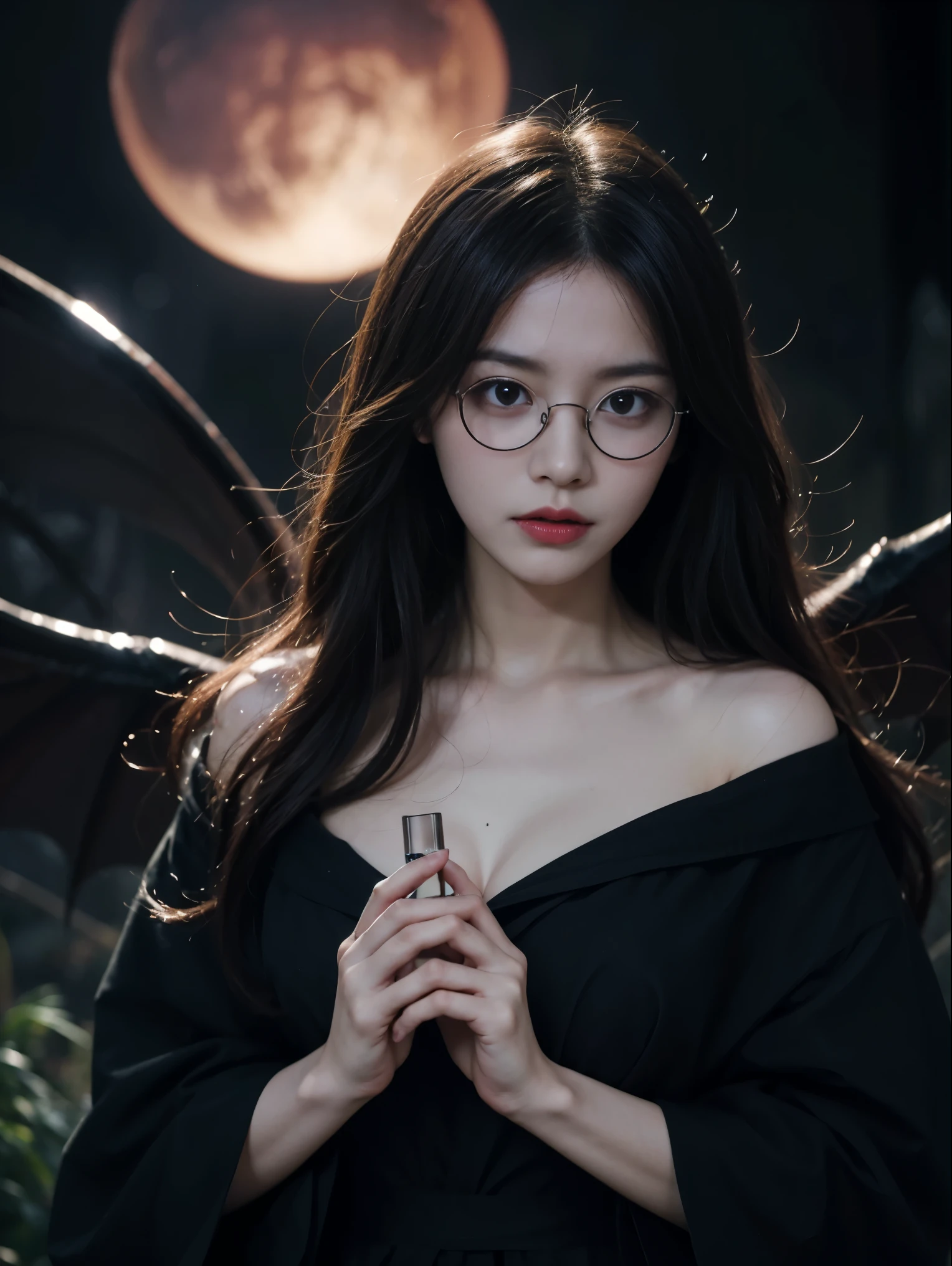 Dark Fantastic Night , Behind me is a big, Scary castle , Lots of bats , big, red, Fantastic Moon , Some cliffs , 2. A cave far from the cliff , Some stones , Broken pillars , There are many magical glowing stones around her , A dragon far away in the dark sky, Horror Scene , 美しい女性のdevil , redい魔法の非常に明るい目 , A small magical sphere glowing red in both hands at the same time , オーブを見つめる女性のdevil , Dark Big Wing , Very detailed顔 , ((((Round Glasses))))、 (Very detailedなシーン) , (Ultra-detailed orbs) , (Super beautiful face) , (Ultra-detailed Moon) , (Ultra-detailed castle) , (Ultra-precision needles) , (Very detailed wings) Blood splattered on the body, Pale face , Dark Red Lip , Black Devil Wear , Shaped body , 彼女の周りのredい魔法 , redマナのローテーション、highest quality, Very detailed, Realistic, Portraiture, Dark and spooky atmosphere, Glowing Eyes, spiritual being, Unforgettable美しい, Ghostly figures, Swirling Mist, 超nature的存在, devil&#39;nature, Shadow-like shape, Spooky whispers, Ominous Aura, Eerie pale skin, Dark and twisted branches, Flickering candle light, Spooky elements, Mysterious and enigmatic, Spectral emergence, Gothic art style, charm, Spectral range, Extreme depression, Otherworldly beauty, Mysterious glow, Unforgettable&#39;Don't forget, Cold atmosphere, Spooky and ominous lighting.