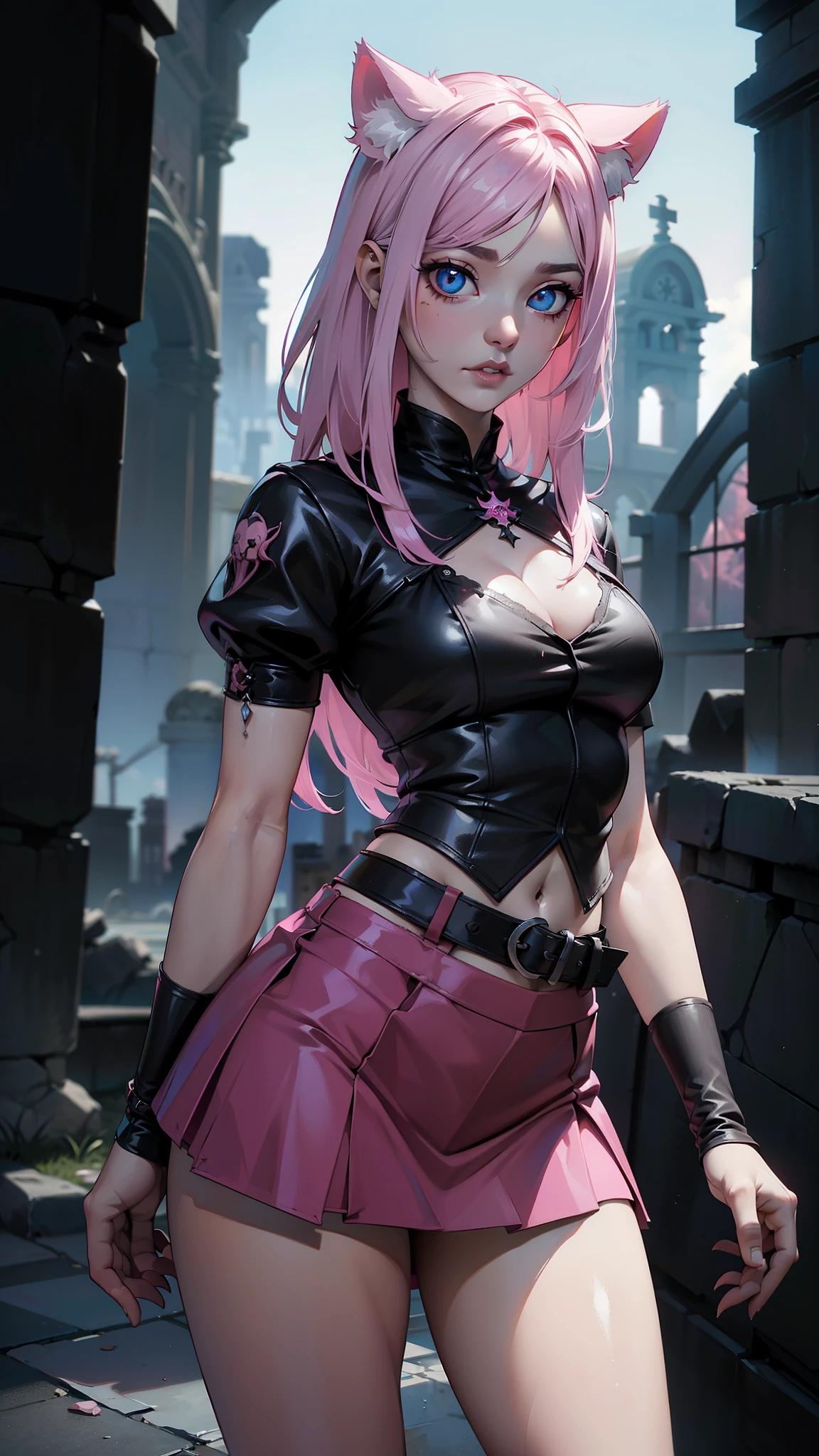 nekomimi pelo blanco. cabello corto. chica anime. (Miniskirt colegiala cuadros) . ojos brillantes. (nekomimi:1.4) .(nekomimi V2.1), Ropa blanca. (Falda negra:1.4) . Corbata rosa.,(Fondo de ruinas de mazmorra en ruinas:1.4 ), (Obra maestra: 1.4), (8k, realista, foto cruda, La mejor calidad: 1.4),More detailed 8k.motor irreal:1.4,HD,La mejor calidad:1.4, fotorrealista:1.4, textura de la piel:1.4, obra maestra:1.8,obra maestra, mejor calidad,objeto Objeto], (rasgos faciales detallados:1.3),(Las proporciones correctas),(Ojos hermosos pink :1.4 ),  (pose vaquero), ,(Fondo de ruinas de mazmorra en ruinas piedra grande :1.4 ), ,( ciberpunk 2.1)