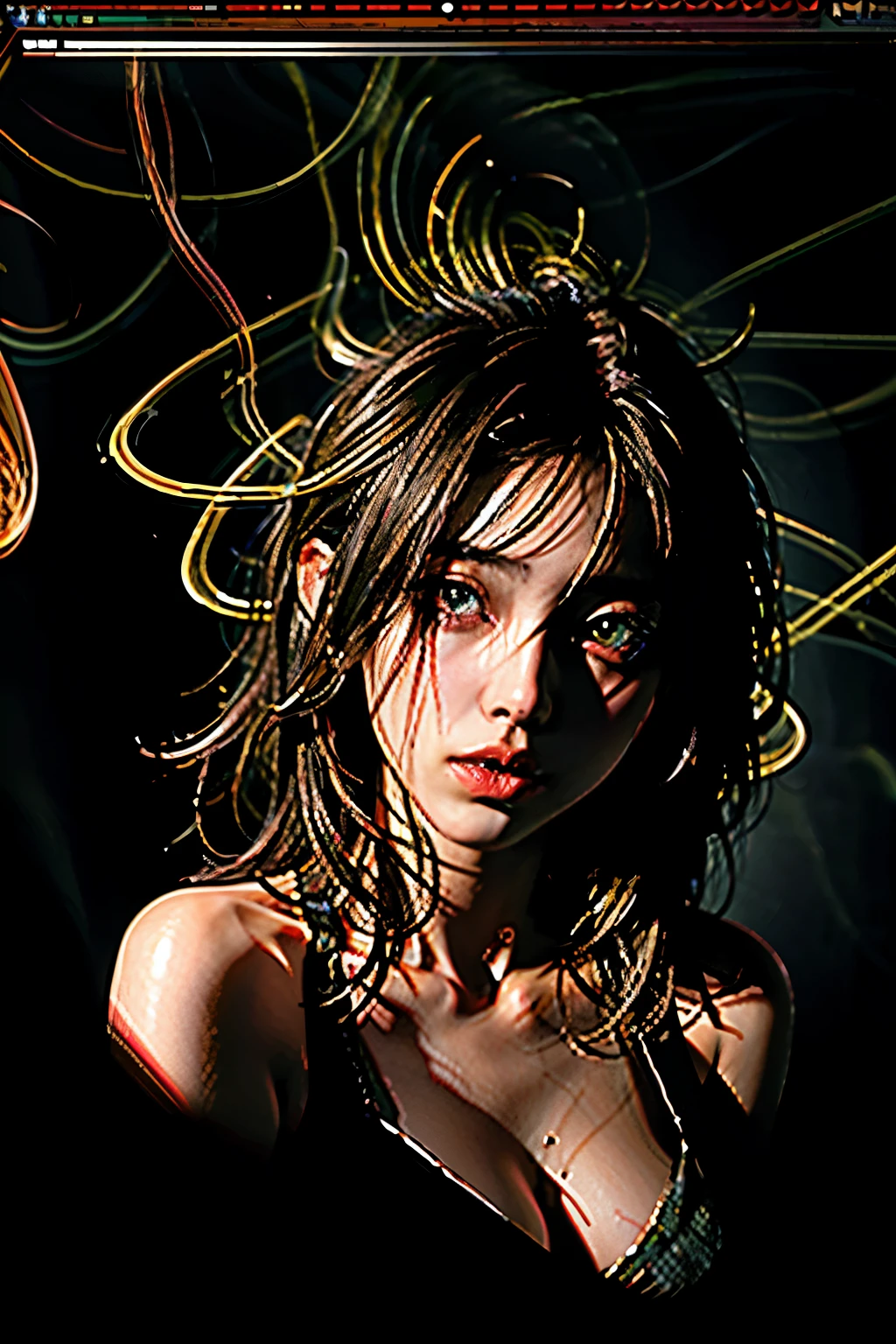 Best quality, masterpiece, ultra high res, raw photo, beautiful and aesthetic,deep shadow, dark theme,(photorealistic:1.4),
((1girl, chaos horror from orange smoke)), 
