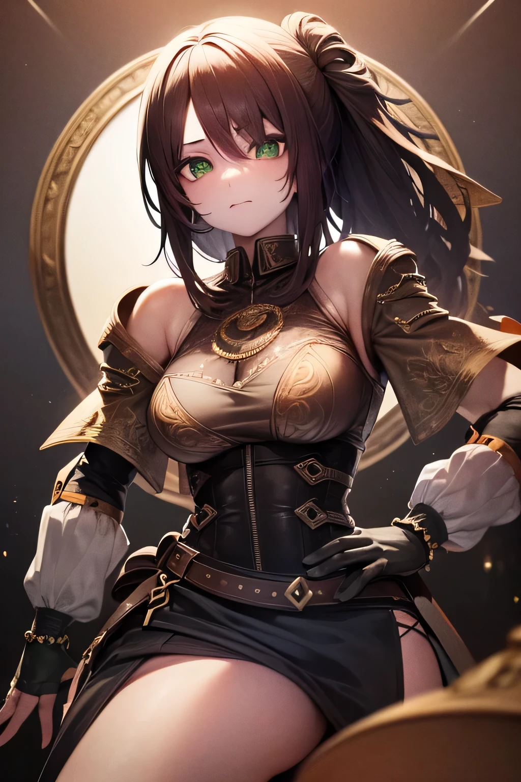 Girl, Short, dark hair with a diagonal fringe falling over the left eye. Round and expressive emerald green eyes. Strong and defined facial features, with a firm mouth and a small nose. Wearing a gothic and somber style, with shades of black, red, and gold, and adorned with precious stone accessories. Stands at a height of 1.65m, athletic and muscular, with clear and radiant skin, smooth in texture. Adorned in a fighting outfit with leather and metal details, accentuating their athletic figure