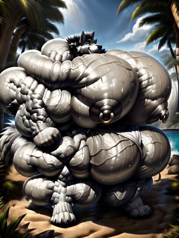 4k, high resolution, best quality, perfect lightning, perfect, solo, anthro, young, boy,white wolf:2.0, furry body, (fluffy mane:1.2), fluffy tail, male, adult, (bulky2:0, thick muscles2:0, huge muscles:2.0, hyper muscles:2.0), (thick biceps, veiny biceps, big broad veiny pecs:2.0, broad shoulders:2.0), (thick legs, thick calves:1.1), (digitigrade legs, 4 toes:1.2), perfect colors, (photorealistic fur, detailed fur, epic, masterpiece), (suggestive posing:1.2), (seductive smile, lustful grin 1.3), detailed beach:2.0,detailed wolf eyes:2.0, by k0suna, by darkgem,nipple ring,big pecs:2.0,hyper arms:2.0,veins,white body,white fur,hyper butt:2.0,hyper paws:2.0,standing,thick legs,thick butts:2.0,sweat body:2.0,massive butt:2.0,black hat,hyper ass:2.0,huge ass:2.0,presenting butt:1.2,long legs,juicy butt:2.0,hyper ass,black fundoshi