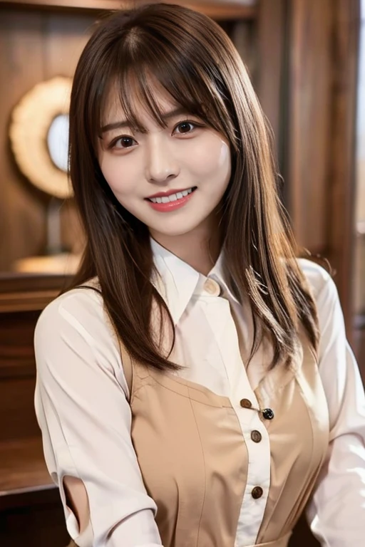 (highest quality, 4K, 8k, High resolution, Tabletop:1.2), Brown Hair、Beaver、Her breasts are beautiful and large。study。Press your chest against the desk。Dress code: A loose-fitting shirt.。Open some buttons。Very smiling、Unbelievably big