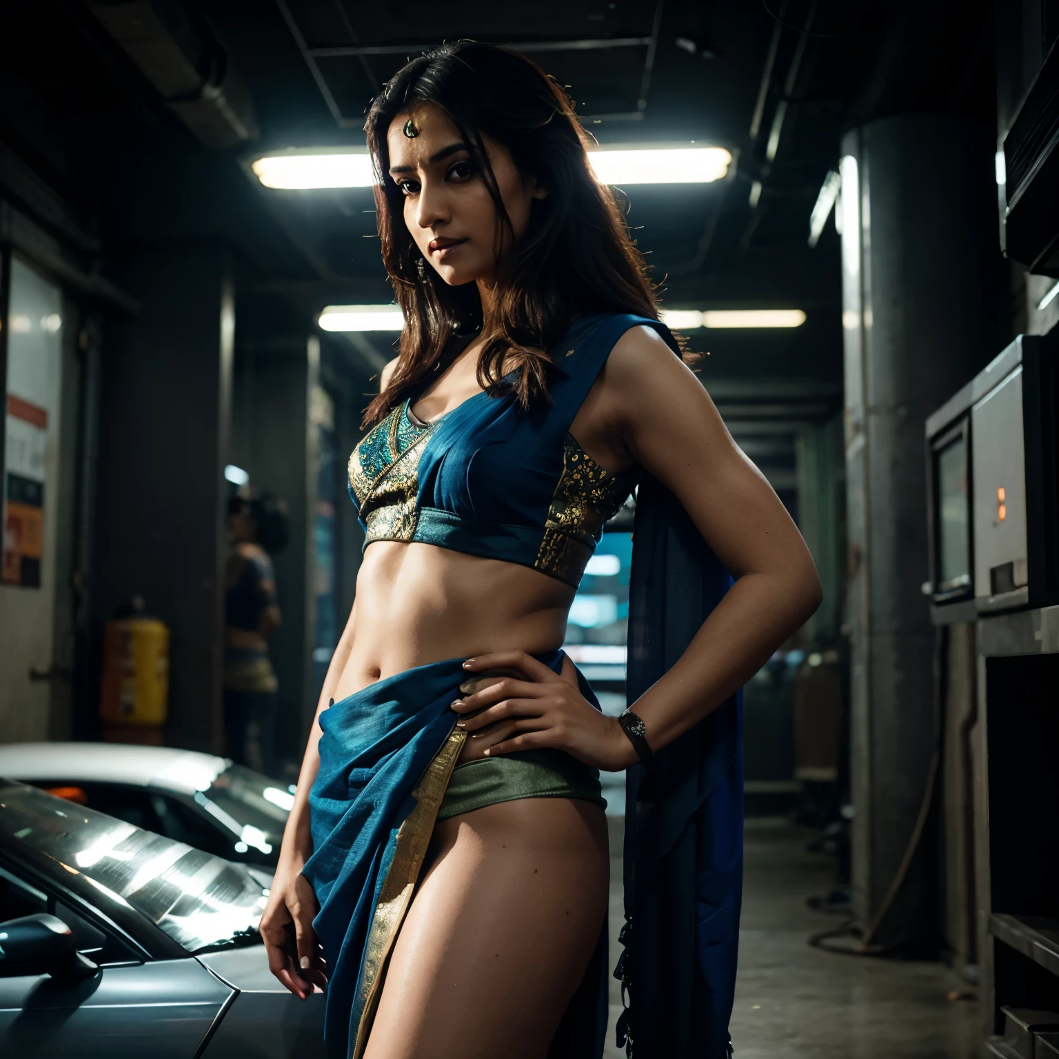a woman wearing saree in cyberpunk style posing for photoshoot, realistic photography