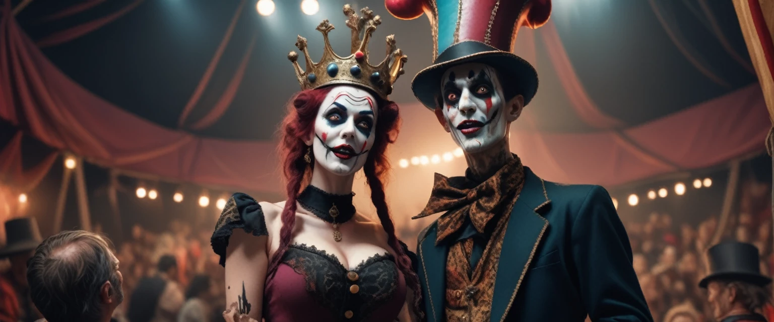 highly detailed, 4k, (1 beautiful busty woman court jester), (1 creepy man jester), exaggerated elongated face, wearing a jesters hat, holding a marionette, on old stage, in a circus tent, with marionettes, crowd watching in surprise, nightmarish, disturbing, cracked and decaying, deep, dreadful, scary, horror, intricate detail, (high definition, HD, extreme detail, 8k, eerie lighting, highest crisp resolution, hyper realistic), dark colorful outfits, elaborate colorful tattoos,, (gothic art style), highly detailed, A family gets lost on the road and stumbles upon a hidden, underground, devil-worshiping cult led by the fearsome Master and his servant Torgo. award-winning, professional, by (genevieve valentine), vibrant,