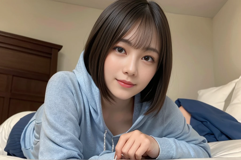 (highest quality: 1.5)、(Real: 1.5)、(1 person: 1.5)、(On all fours姿勢)、(On all fours)、Cute pose、Very detailed、High resolution、Small breasts、Natural color lips、Cute smile、Japanese women、20 year old girl、Beautiful and elegant face、Cute face、Big eyes、Cute eyes、Beautiful and elegant face、Natural Bangs、Beautiful and thin nose、Beautiful Skin、Fair skin、Medium Bob Hair、Short Hair、Natural Bangs、Perfect and beautiful face、Slim face and figure、（Looking at the camera with a cute expression）、Bright lighting、Professional Lighting、 Lighting from the front、Natural smile、Cute woman lying on the bed in the bedroom、Beautiful clavicle、Natural smile、A pretty woman wearing a shirt, hoodie, blouse, sweater, or tank top