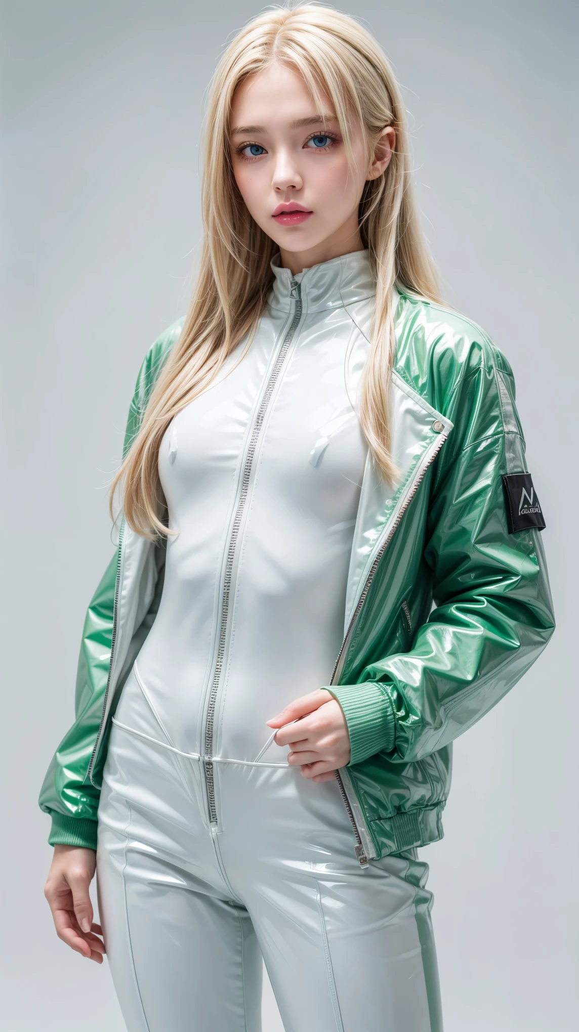 1 Girl, Solitary, White background, Watson, masterpiece, Very detailed, blue eyes, Blonde hair, Long hair, Fluorescent green jacket, Rubber gloss agent, white rubber skinsuit, White pants, blush, Solid color background