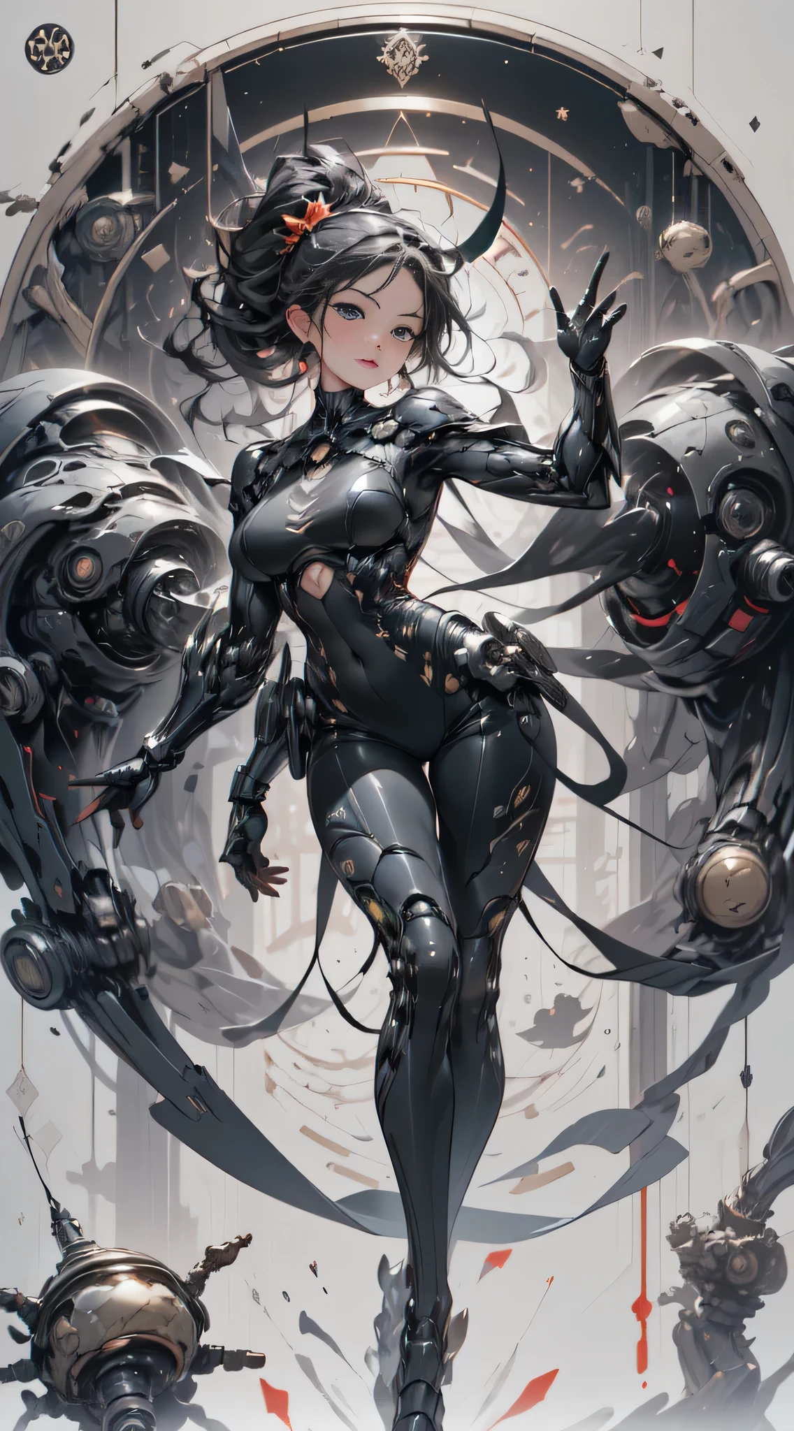 (best quality,32K,HD,4x ultra-sharp,high-res,professional),cinematic,fisheye photo,1 beautiful girl in technical clothing,mechanical spider,circles,fractals,(black contour art) by Yoshitaka Amano,Travis Charest.