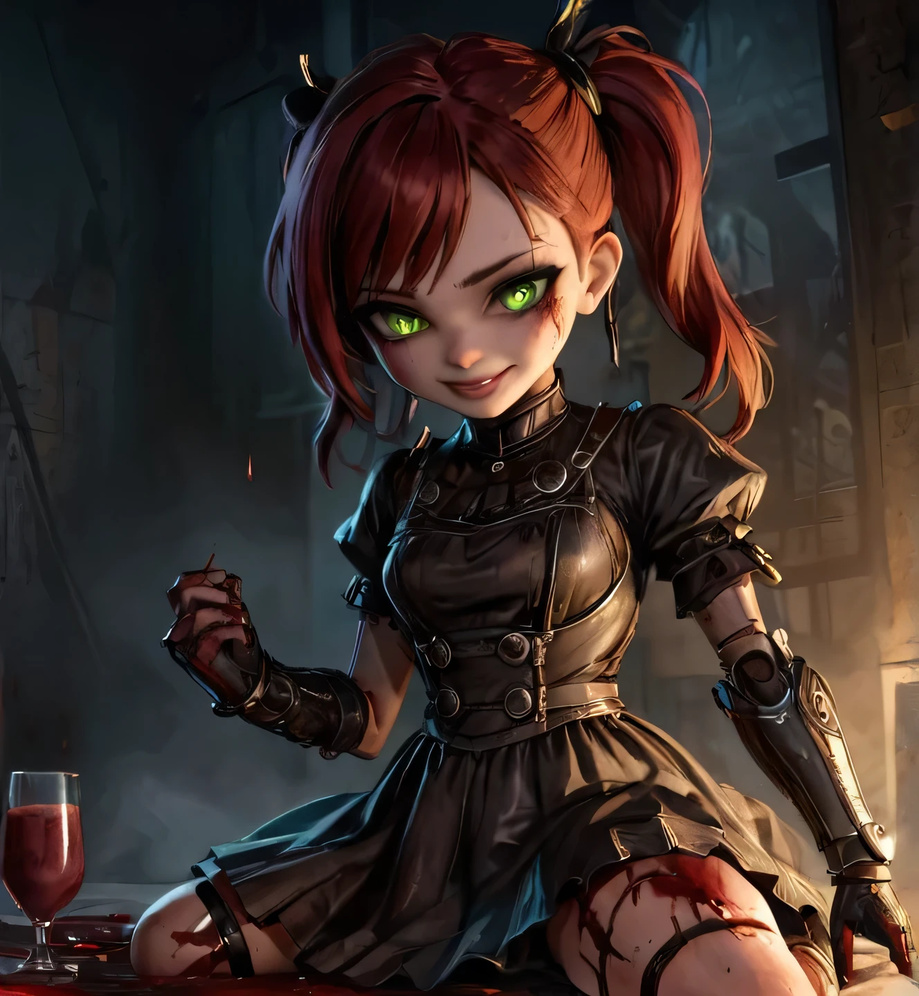 Little sister and big daddy,masterpice, bioshockstyle, 8k, ultra detailed, soft lighting, pmmkr2024, cartoon, creature, best quality, trending on artstation,1little sister smile,1big daddy,1big sister,nice art,perfect art,nice detailed art,nice detailed body,nice detailed face,nice detailed hands,highres, an image of a beautiful cyberpunk, fairy goth robot, green eyes, red wine hair best quality, 8k, best quality, ultra-detailed,1girl, , ,lilsis, dirty, blood, blood muddy dress, black hair, dress, horror \(theme\), solo, glowing eyes, creepycute,stronger big daddy (house:1.4)