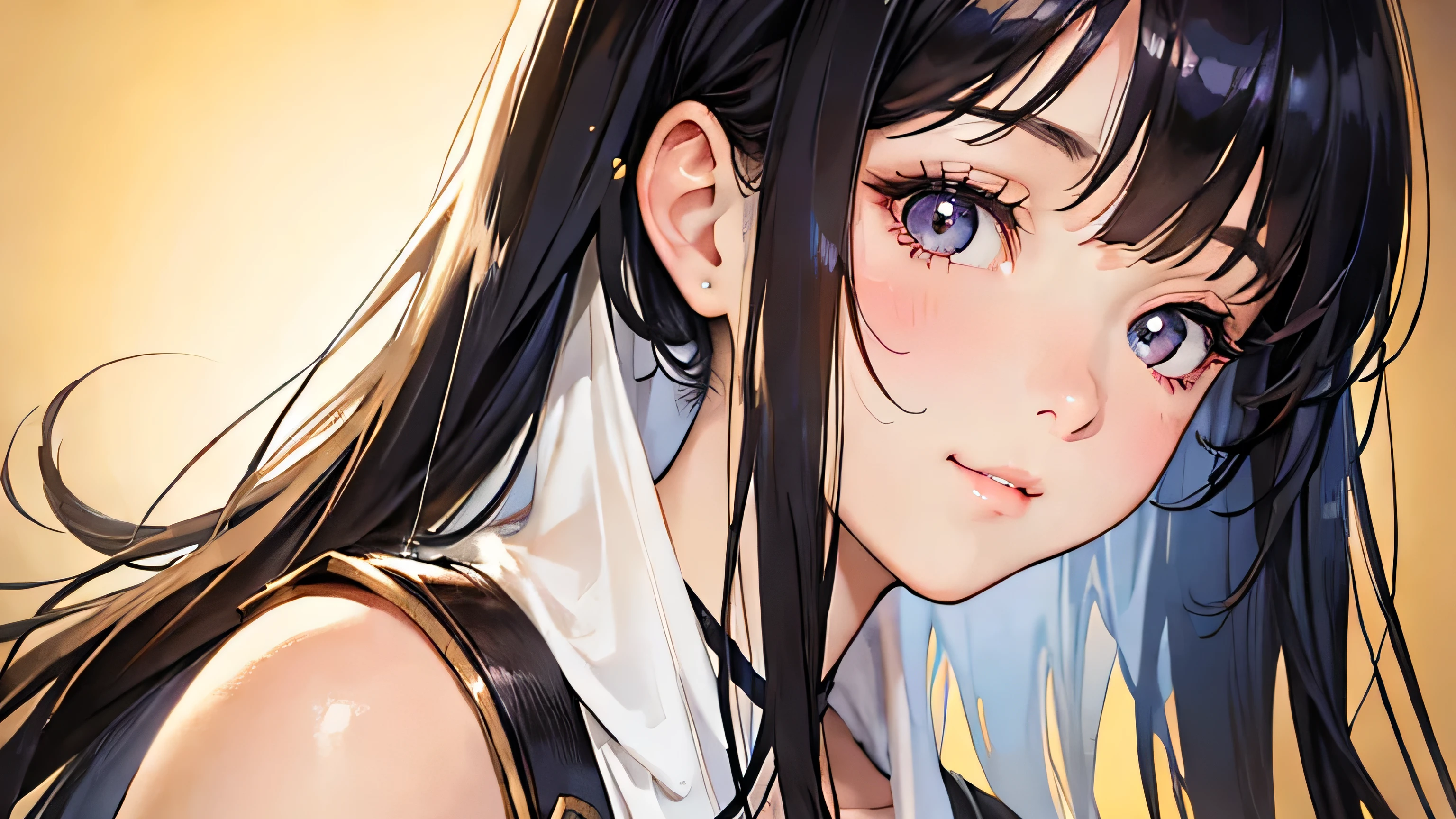 highest quality、masterpiece、Ultra-high resolution、(Realistic:1.4)、1 girl、14 years old、The ultimate beautiful girl、so beautiful, Shiny, Light、Super long straight silky hair、Bangs that cover the eyes、片Bangs that cover the eyes、Very large bright eyes、Eye highLights、shoulder、charm、Looking at the camera、very white and bright skin、Small Face Beauty、Round face、Shy but cheerful expression、look up、Cheek gloss highLight、steampunk outfit、Steampunk background、