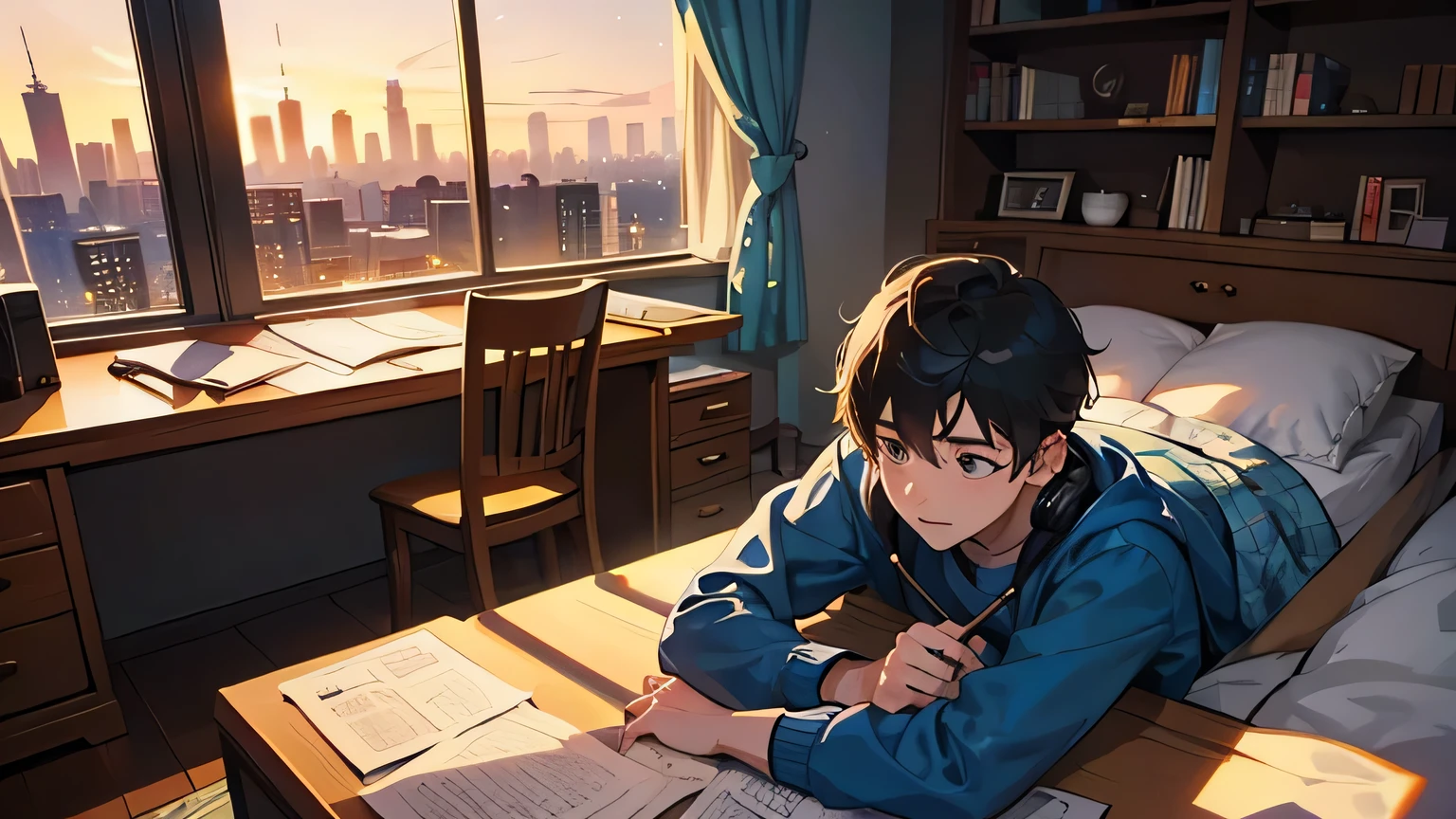 The boy is studying at his desk while listening to headphones。From the room you can see the night view of Tokyo.。There is a warm light on the desk and a computer on it.、The room has a bookshelf and a bed.。